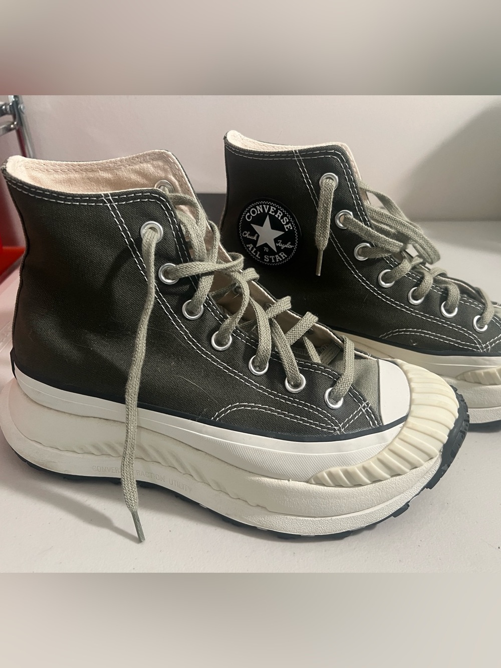 Converse High Top Platform Sneakers - Olive Green & White